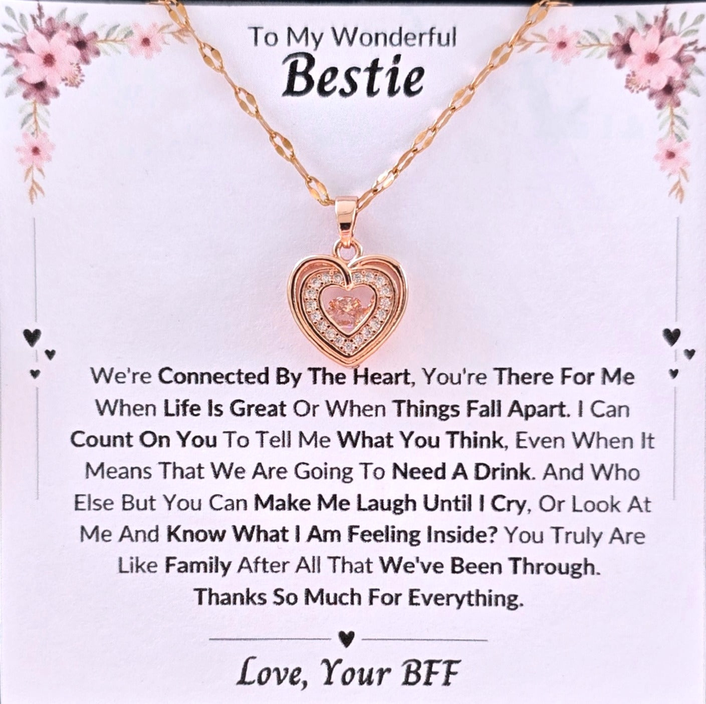 Best Gift To My Bestie I Connected By Heart I Rose Heart Necklace