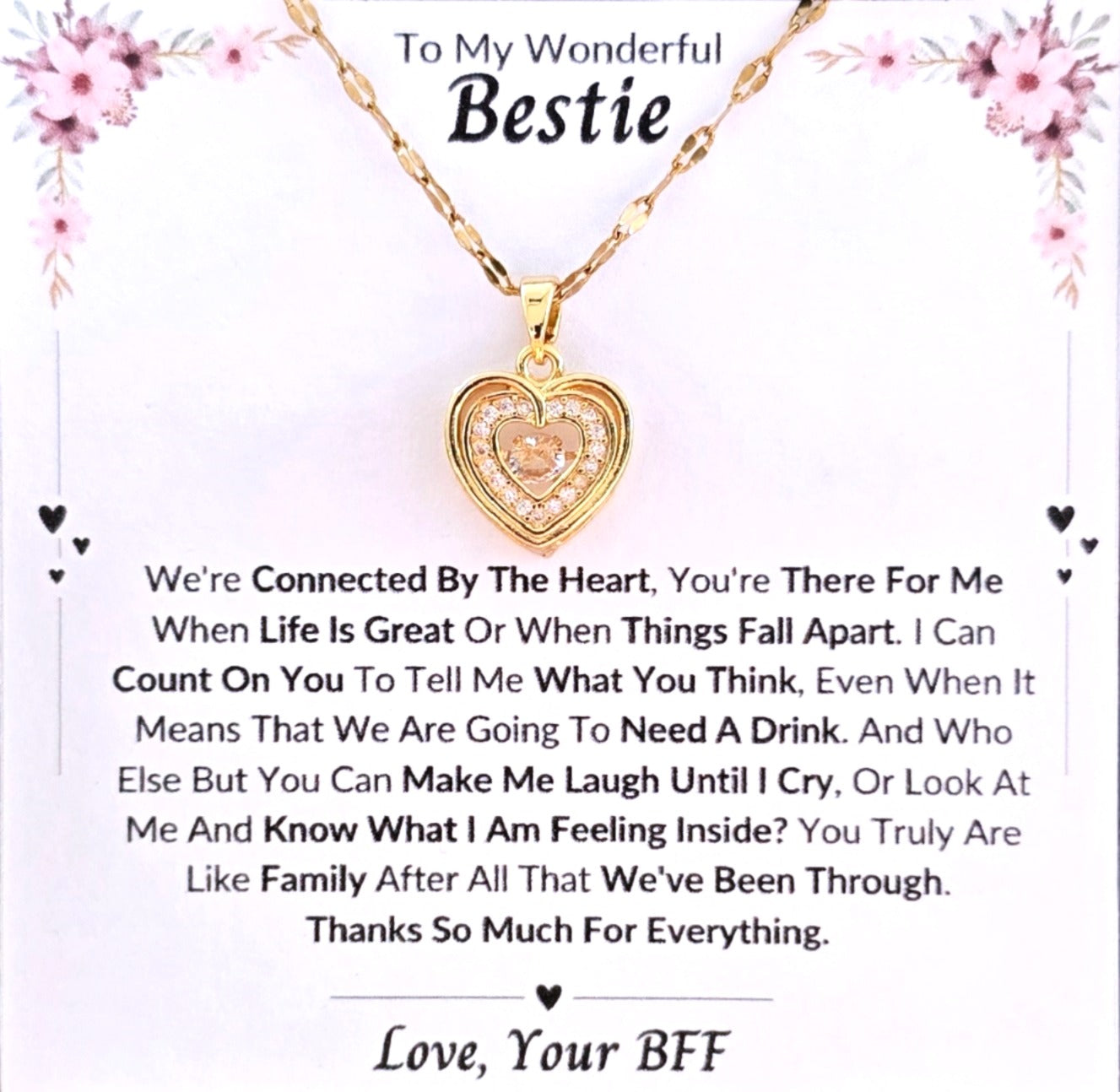 Best Gift To My Bestie I Connected By Heart I Gold Heart Necklace