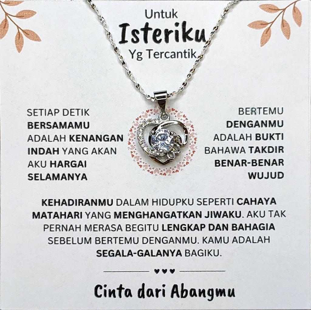 Perfect Gift love heart necklace with sparkling stone and Hadiah Terbaik Untuk Isteriku message card