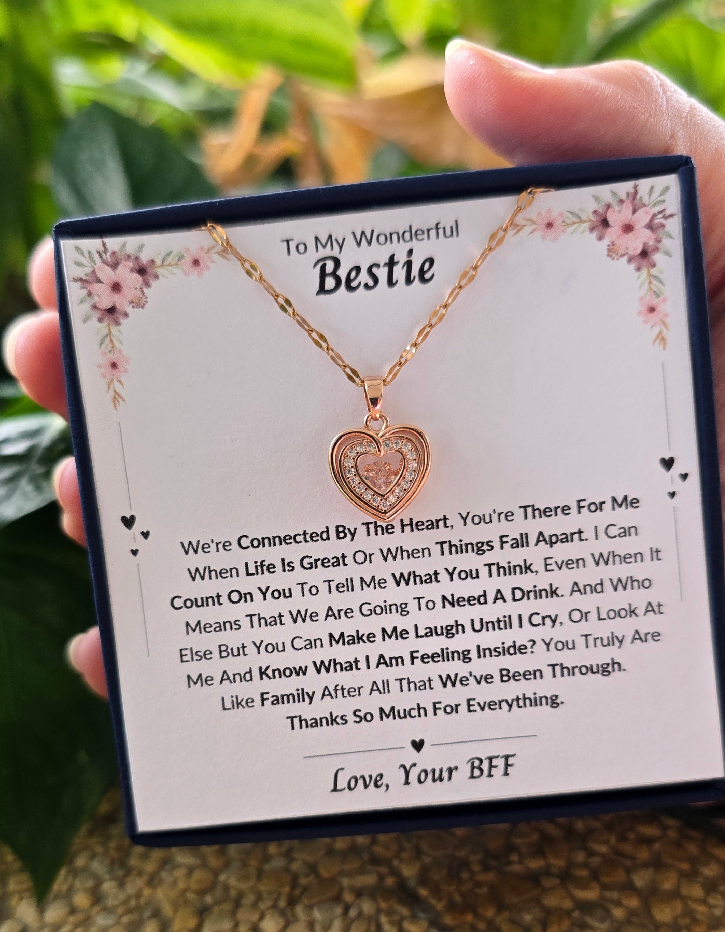 Best Gift To My Bestie I Connected By Heart I Rose Heart Necklace