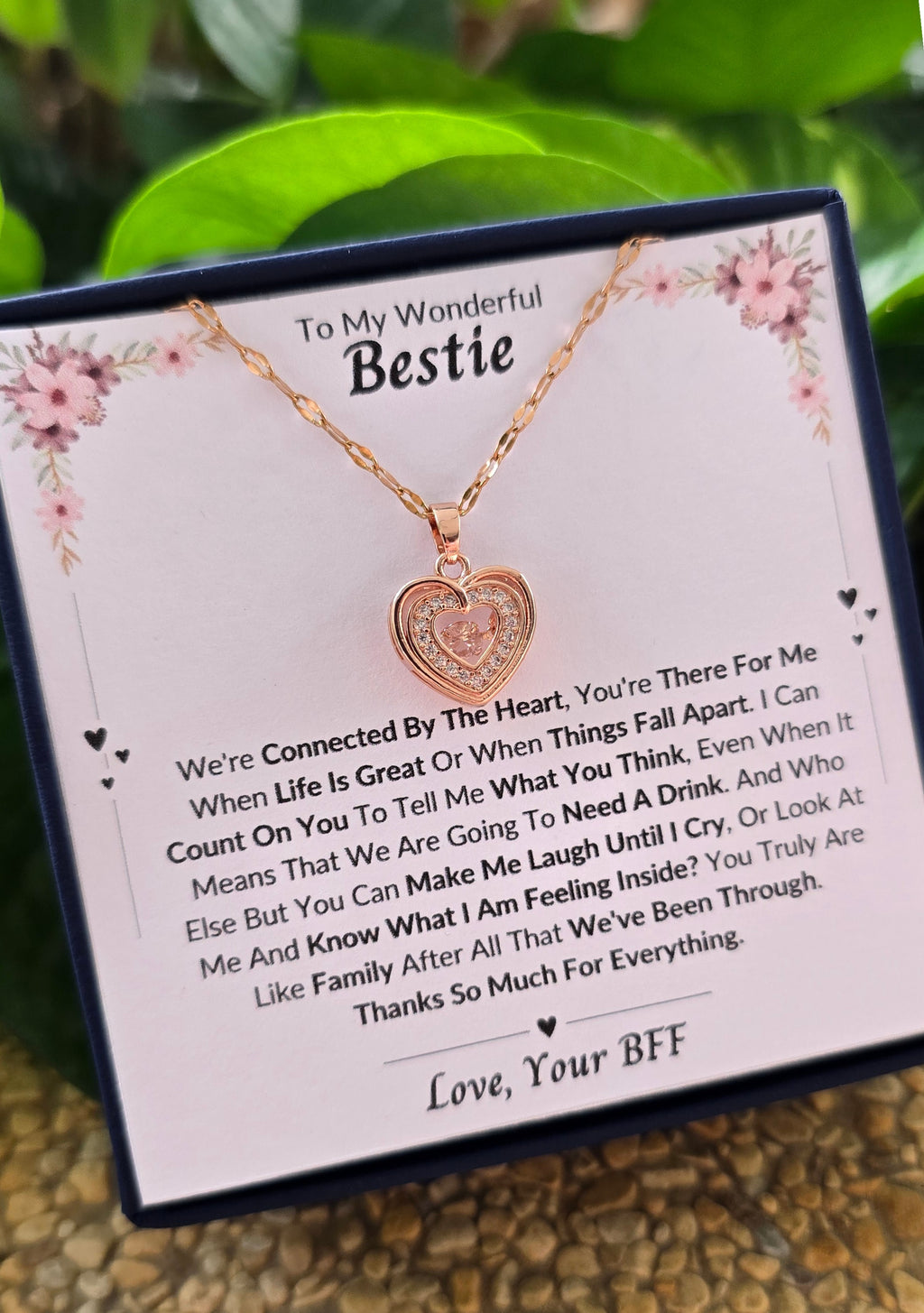 Best Gift To My Bestie I Connected By Heart I Rose Heart Necklace