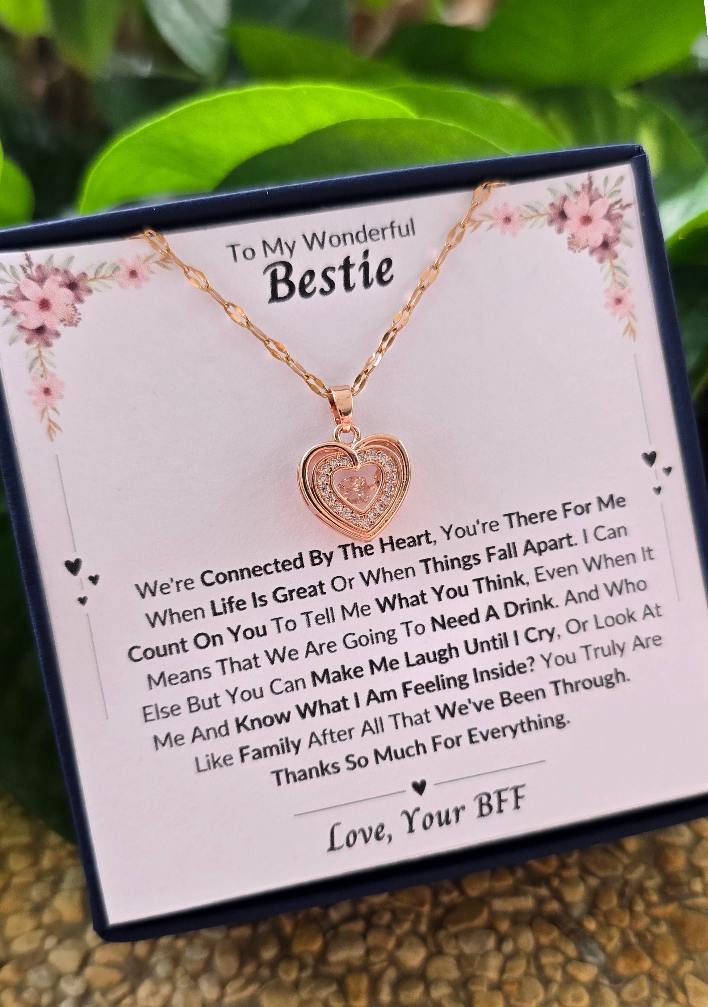 Best Gift To My Bestie I Connected By Heart I Rose Heart Necklace