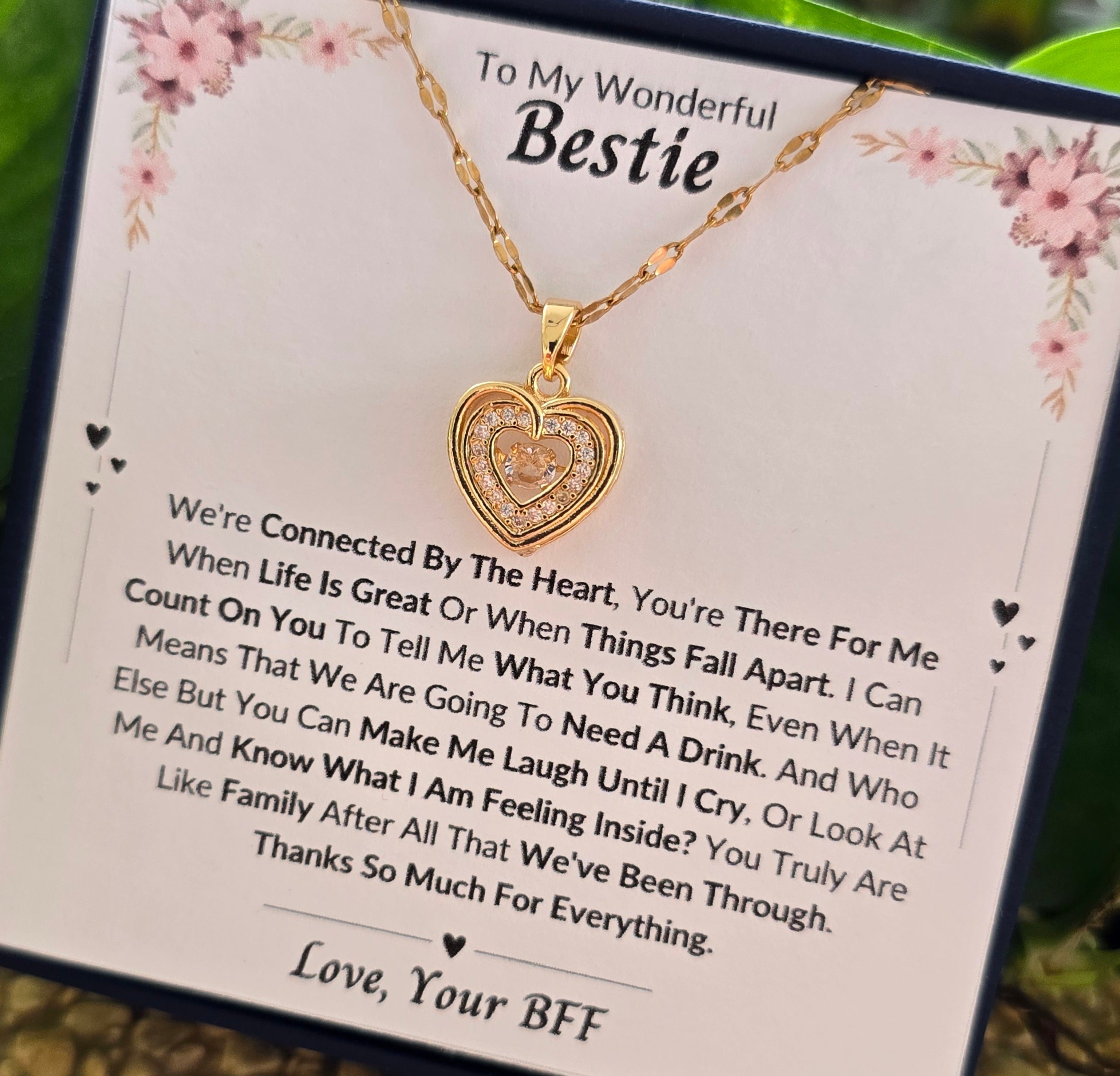 Best Gift To My Bestie I Connected By Heart I Gold Heart Necklace