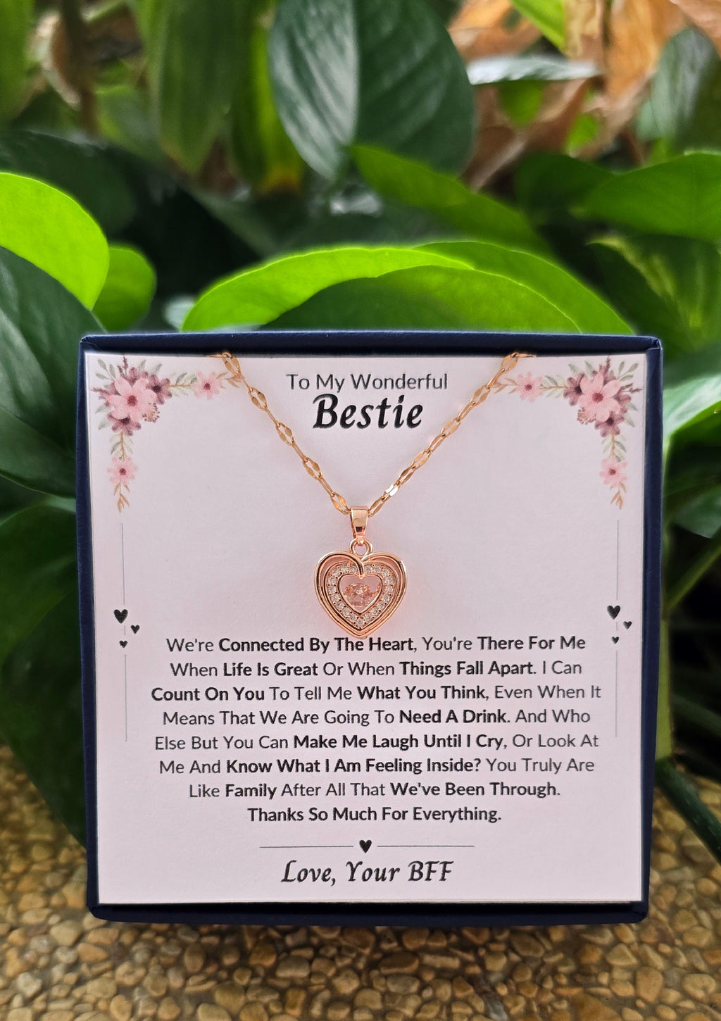 Best Gift To My Bestie I Connected By Heart I Rose Heart Necklace