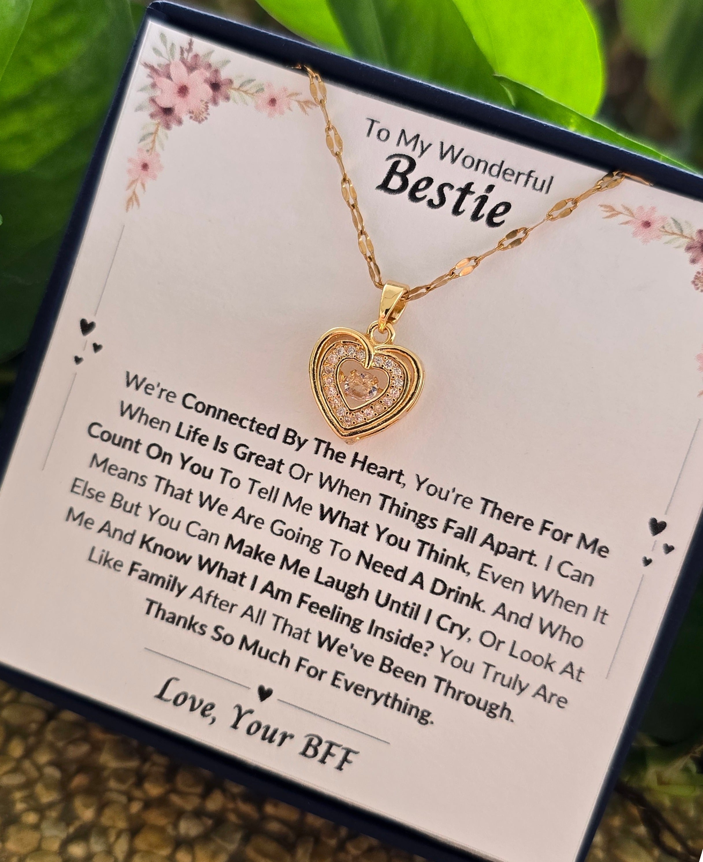 Best Gift To My Bestie I Connected By Heart I Gold Heart Necklace